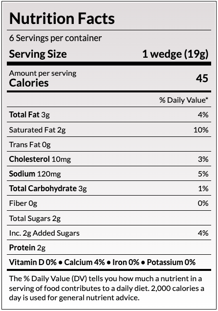 Nutrition Facts
About 32 Servings per container
Serving Size
1 Tbsp (14g)
Amount per serving
Calories
100
% Daily Value*
Total Fat 11g	15%
Saturated Fat 7g	36%
Trans Fat 0g	
Cholesterol 30mg	10%
Sodium 90mg	4%
Total Carbohydrate 0g	
Protein 0g	
Not a significant source of Dietary Fiber, Total Sugars, Added Sugars, Vitamin D, Calcium, Iron and Potassium.
The % Daily Value (DV) tells you how much a nutrient in a serving of food contributes to a daily diet. 2,000 calories a day is used for general nutrient advice.