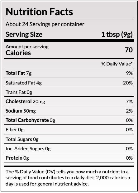 Nutrition Facts
About 32 Servings per container
Serving Size
1 Tbsp (14g)
Amount per serving
Calories
100
% Daily Value*
Total Fat 11g	15%
Saturated Fat 7g	36%
Trans Fat 0g	
Cholesterol 30mg	10%
Sodium 90mg	4%
Total Carbohydrate 0g	
Protein 0g	
Not a significant source of Dietary Fiber, Total Sugars, Added Sugars, Vitamin D, Calcium, Iron and Potassium.
The % Daily Value (DV) tells you how much a nutrient in a serving of food contributes to a daily diet. 2,000 calories a day is used for general nutrient advice.